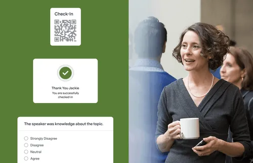 A woman with short curly hair, holding a coffee mug and a phone, standing and talking, next to a green panel showing a check-in confirmation and survey options.