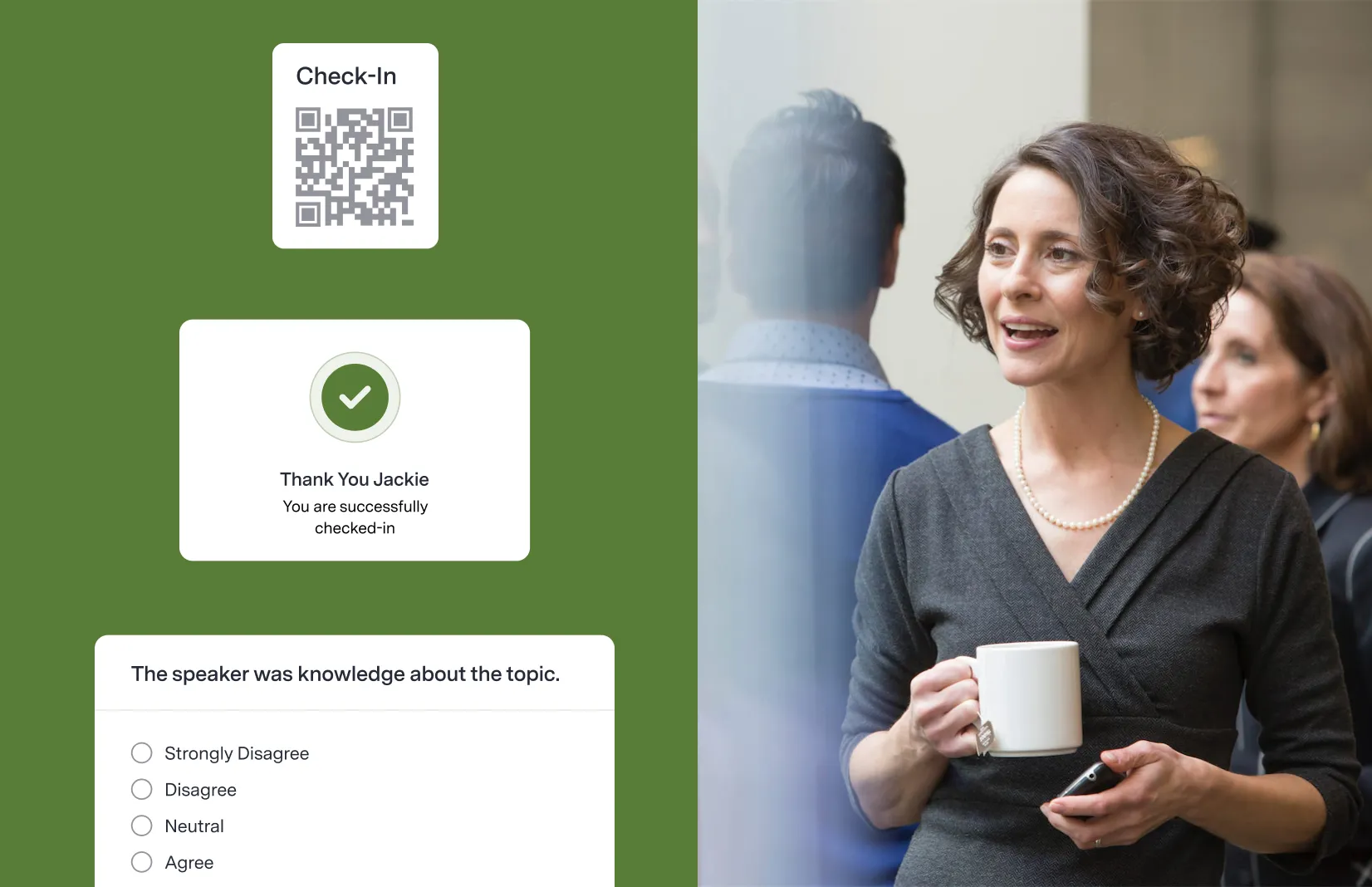 A woman with short curly hair, holding a coffee mug and a phone, standing and talking, next to a green panel showing a check-in confirmation and survey options.