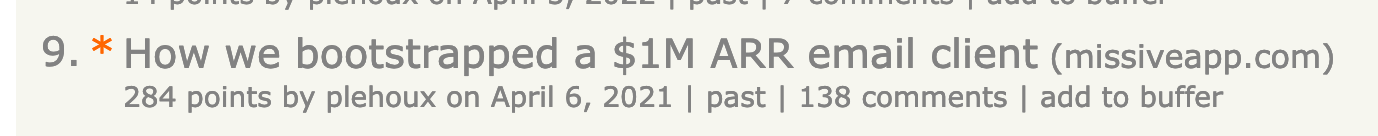 Screenshot of a Hacker News post about Missive's MRR milestone