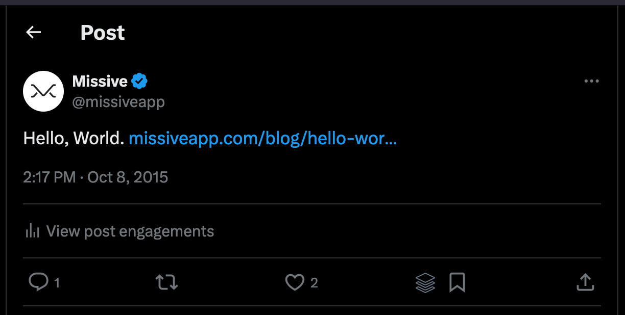 Screenshot of Missive's first tweet saying 'Hello World'