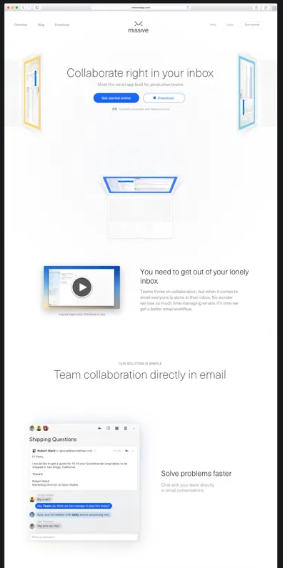 Screenshot of Missive's first homepage from 2015