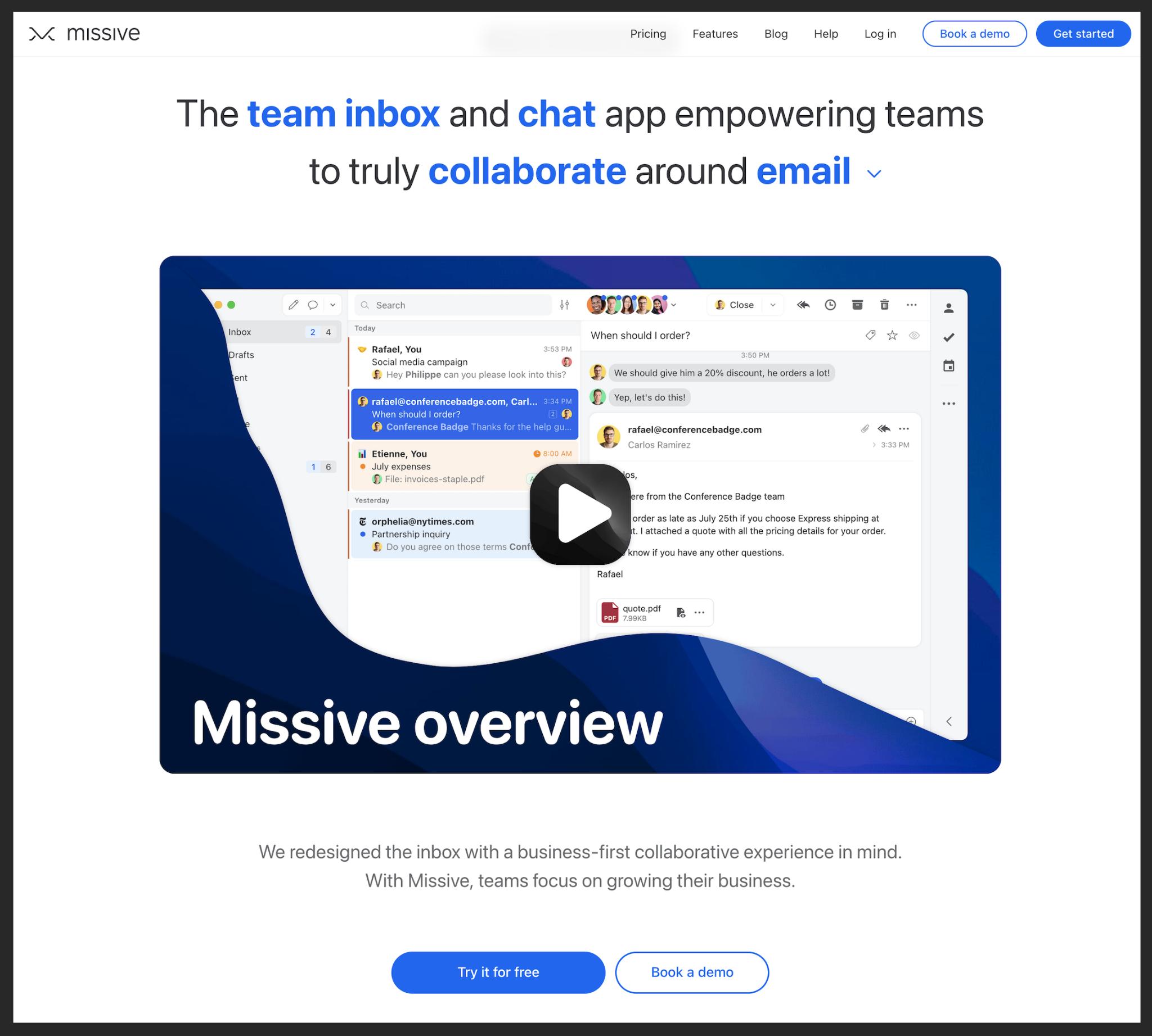 Screenshot of Missive's third homepage design from 2020