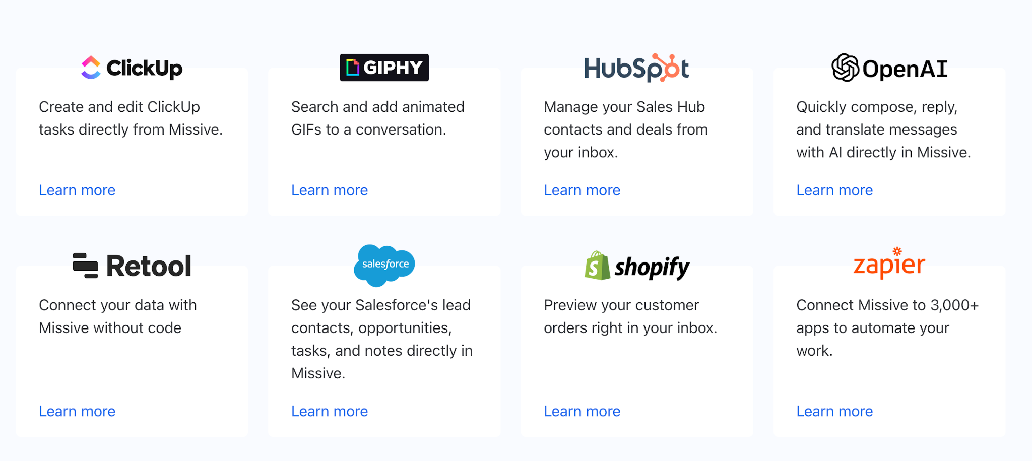 Logos of various SaaS integrations available with Missive