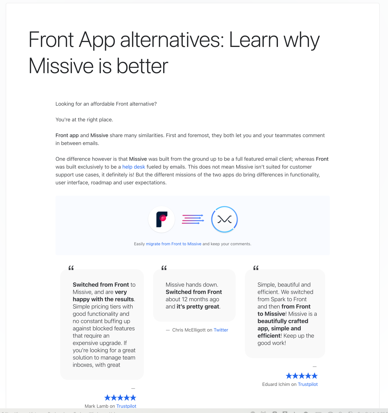 Screenshot of Missive's VS competitor landing page