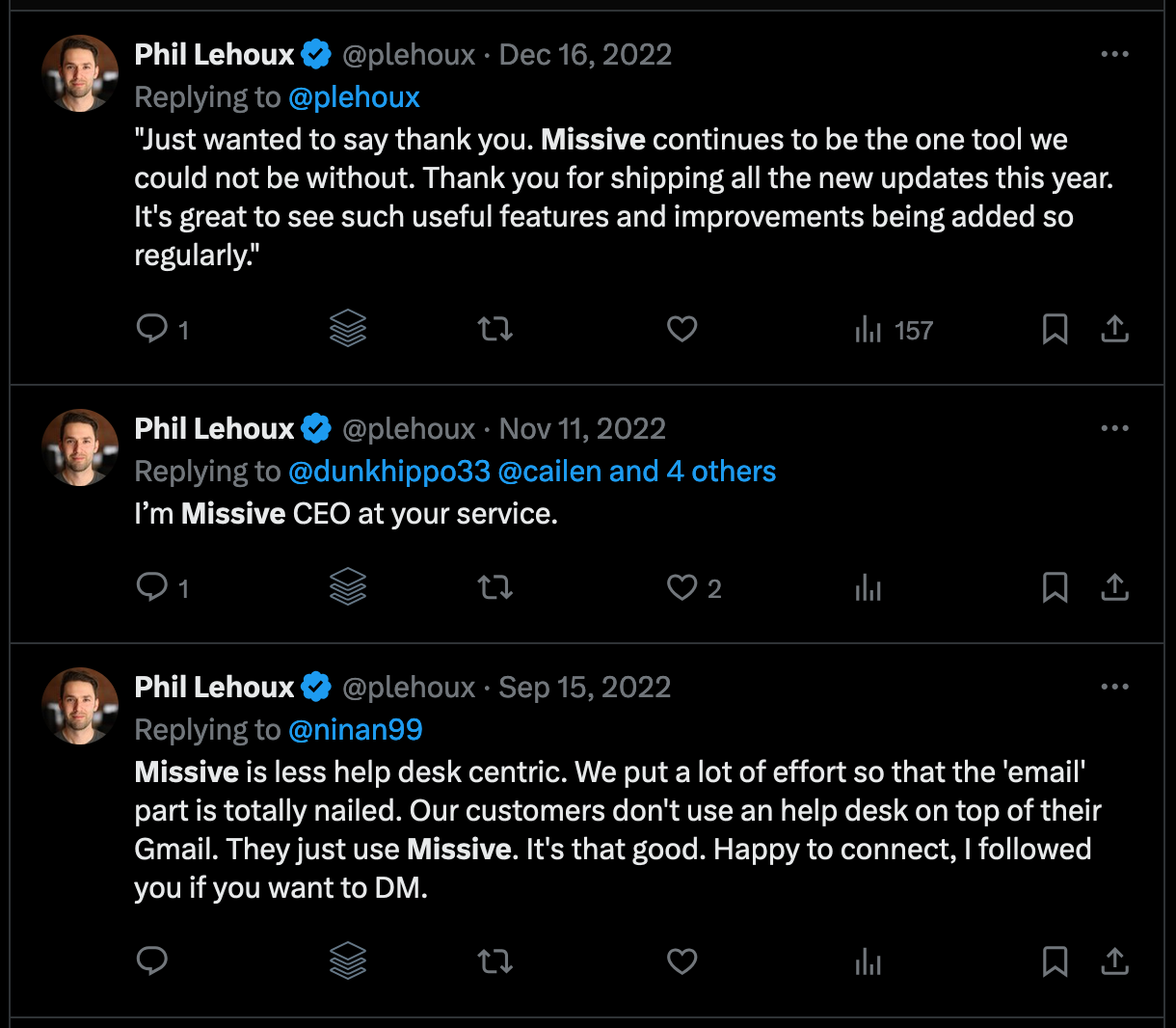 Screenshot of a Twitter conversation where Missive is mentioned as an alternative