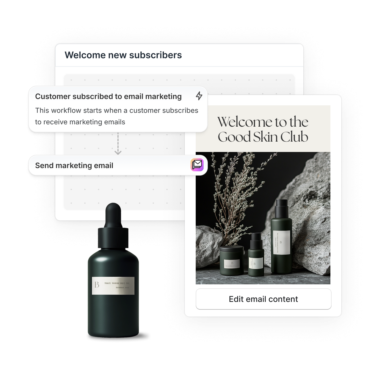 A workflow automation named 'Welcome new subscribers' features a trigger on the left for when a customer has subscribed to email marketing, connected to the action below by an arrow, which is to send a marketing email. A sample email for the Soap Club company is in the background.