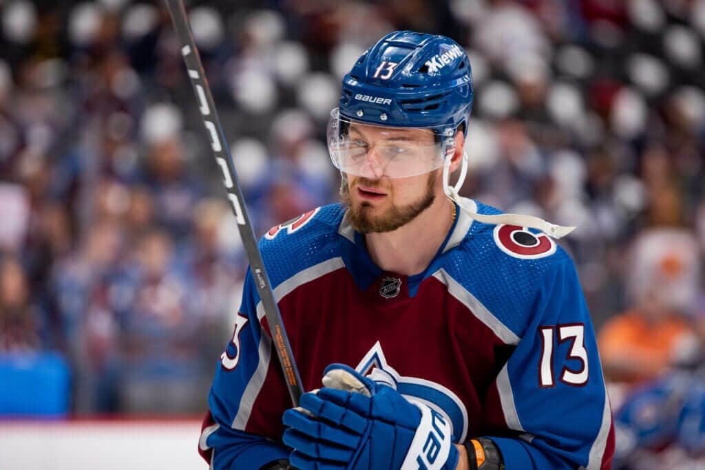 DENVER, COLORADO - MAY 11: Valeri Nichushkin #13 of the Colorado Avalanche skates in warmups ahead of Game Three of the Second Round of the Stanley Cup Playoffs against the Dallas Stars  at Ball Arena on May 11, 2024 in Denver, Colorado. (Photo by Ashley Potts/NHLI via Getty Images)