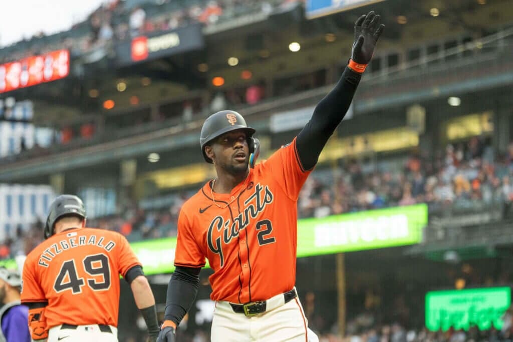 Jul 26, 2024; San Francisco, California, USA;  San Francisco Giants designated hitter Jorge Soler (2) reacts after hitting a solo home run during the first inning against the Colorado Rockies at Oracle Park. Mandatory Credit: Stan Szeto-USA TODAY Sports