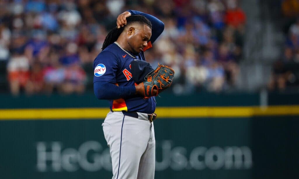 Aug 6, 2024; Arlington, Texas, USA; Houston Astros starting pitcher Framber Valdez (59) reacts during the seventh inning against the Texas Rangers  at Globe Life Field. Mandatory Credit: Kevin Jairaj-USA TODAY Sports