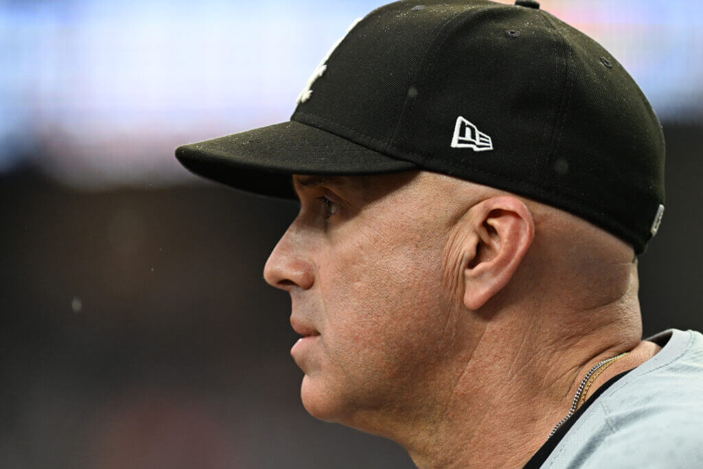 Jun 21, 2024; Detroit, Michigan, USA; Chicago White Sox manager Pedro Grifol (5) watches the action from the dugout steps in the ninth inning against the Detroit Tigers  at Comerica Park. Mandatory Credit: Lon Horwedel-USA TODAY Sports