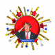 A red pin with an image of Donald Trump saluting.