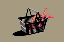 Color illustration of a giant double helix in a shopping basket