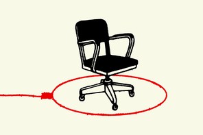 An office chair with a lasso looped around the bottom