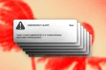 An emergency alert that reads, "Take cover immediately if threatening weather approaches," set against an orange background