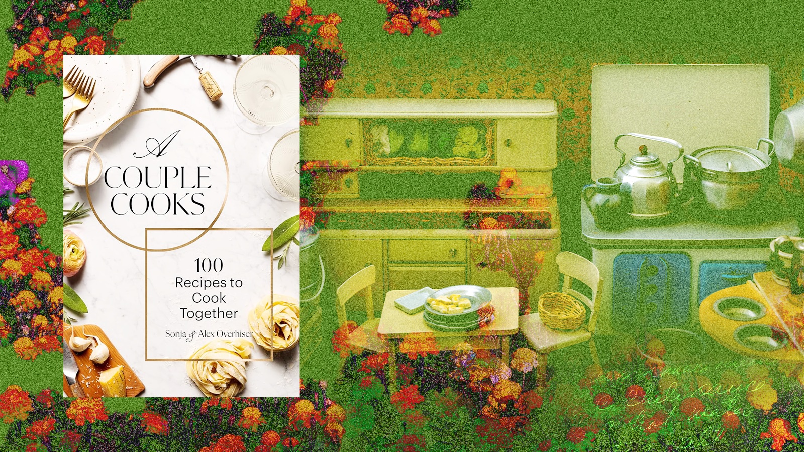 the cover of a couple cooks superimposed over a picture of a kitchen and dining table. photo illustration.