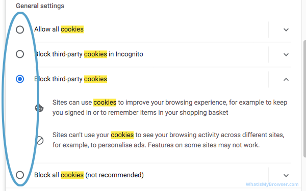 The Cookie Settings window