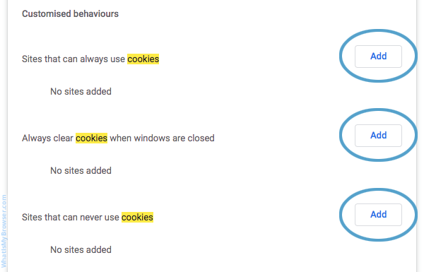 The Cookie Settings window