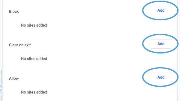 Las secciones para bloquear / borrar / permitir cookies para diferentes sitios