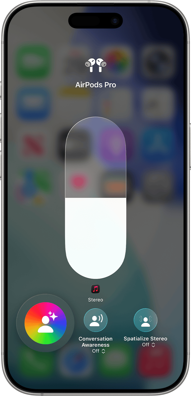 Volume control in Control Center on iPhone. The Listening Mode button is the first button after the volume slider.