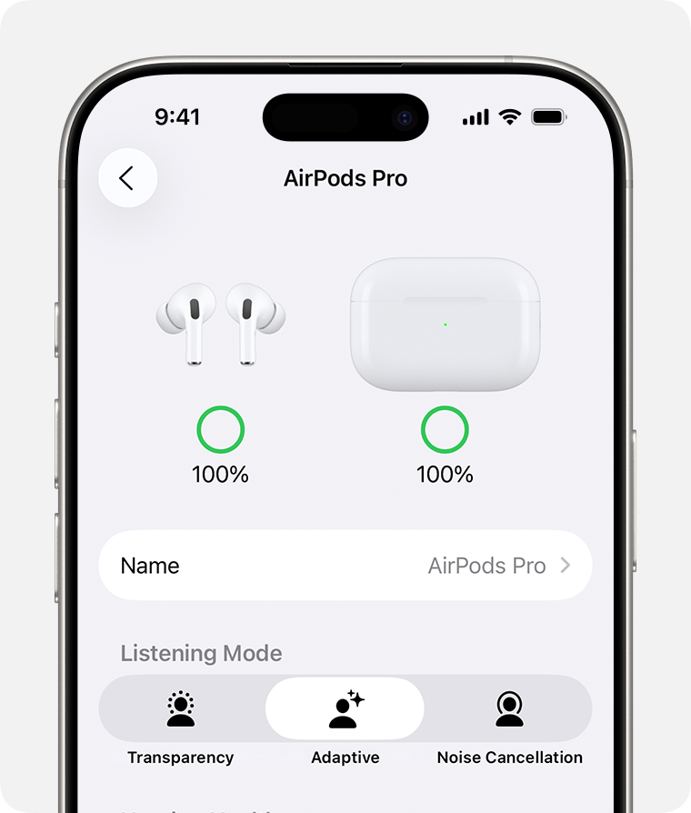 Listening Mode options in AirPods Pro settings on iPhone. Transparency, Adaptive, and Noise Cancellation modes are listed after the Name field.