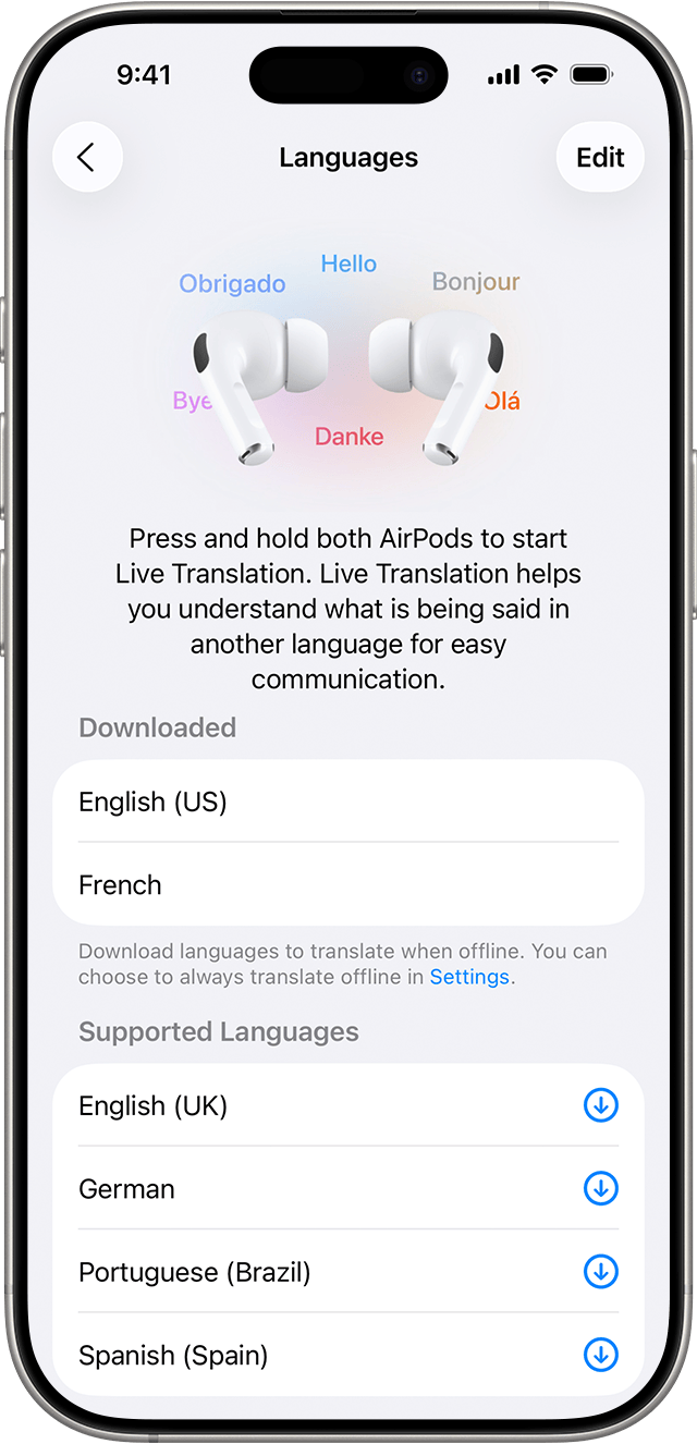 Downloaded languages for Live Translate in AirPods Settings on iPhone.