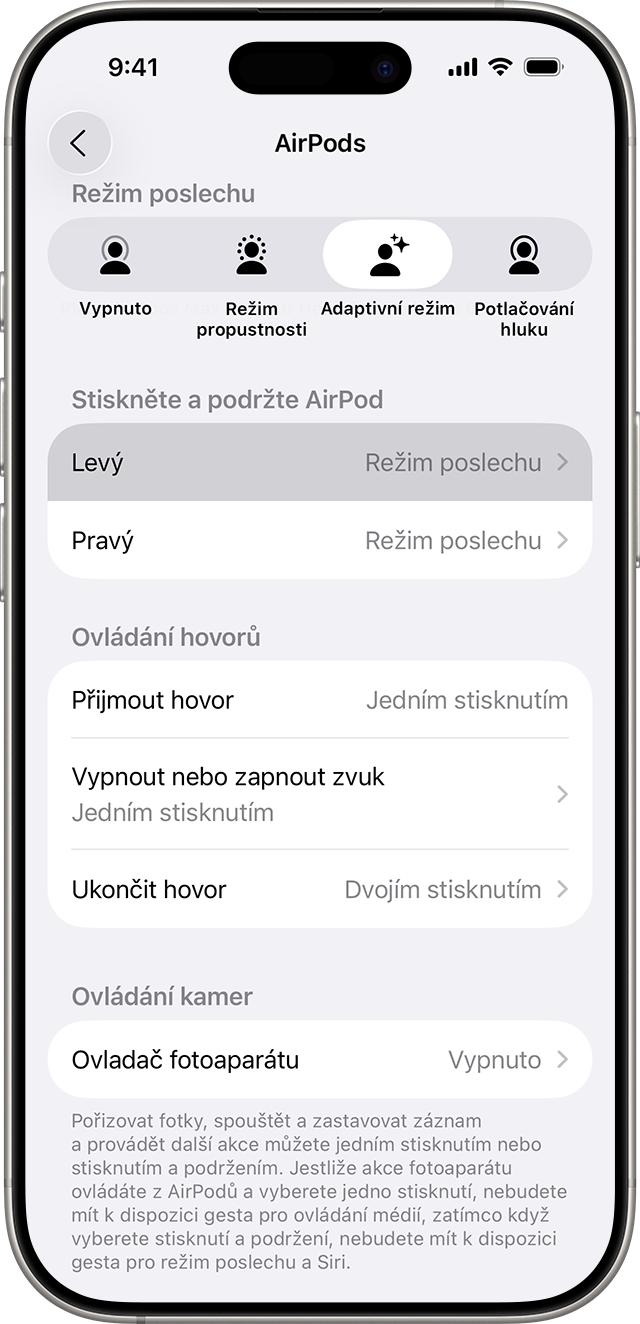 Nastavení sluchátek AirPods Pro na iPhonu s akcí stisknutí a podržení nastavenou na režim poslechu u levého i pravého AirPodu.