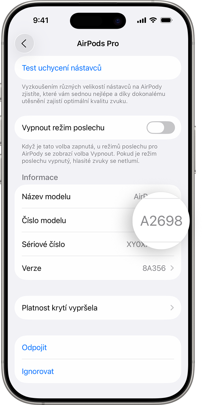 Číslo modelu AirPodů Pro uvedené v Nastaveních na iPhonu.