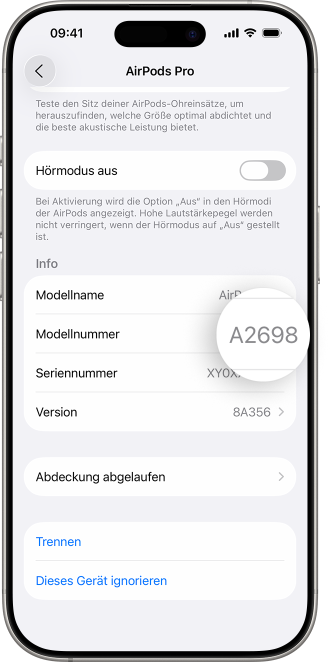 AirPods Pro-Modellnummer, die auf dem iPhone unter „Einstellungen“ aufgeführt ist.