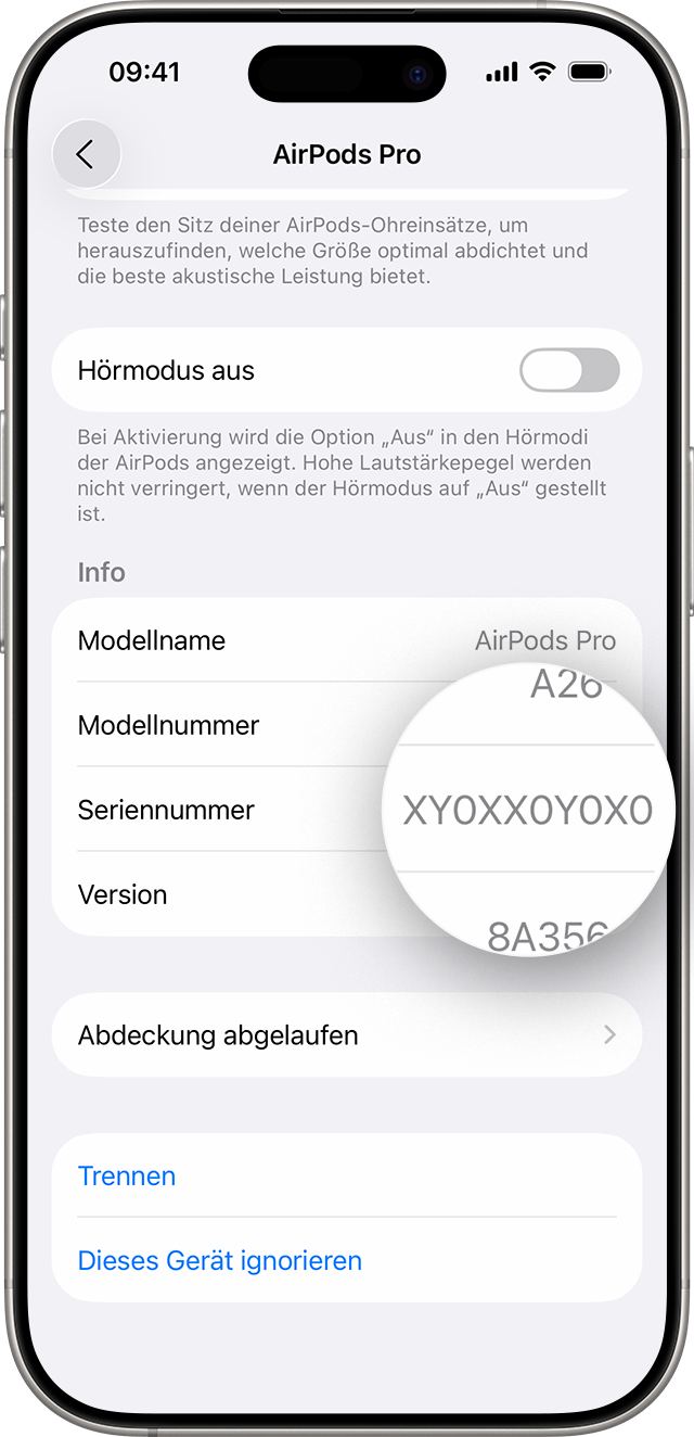 AirPods Pro-Seriennummer, die auf dem iPhone unter „Einstellungen“ aufgeführt ist.