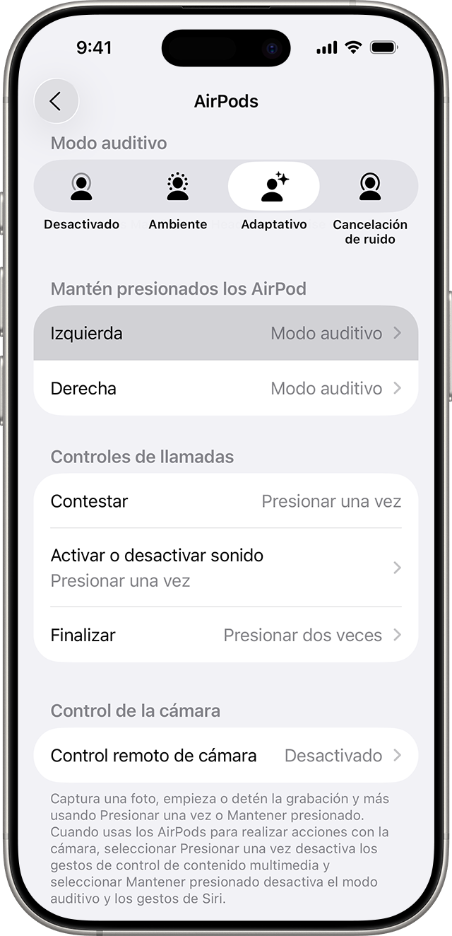 Configuración de los AirPods Pro en un iPhone con la acción de mantener presionado configurada en Modo de escucha para los AirPods izquierdo y derecho.