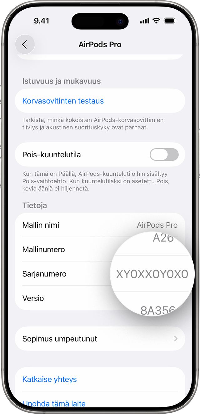 AirPods Pron sarjanumero iPhonen Asetuksissa.
