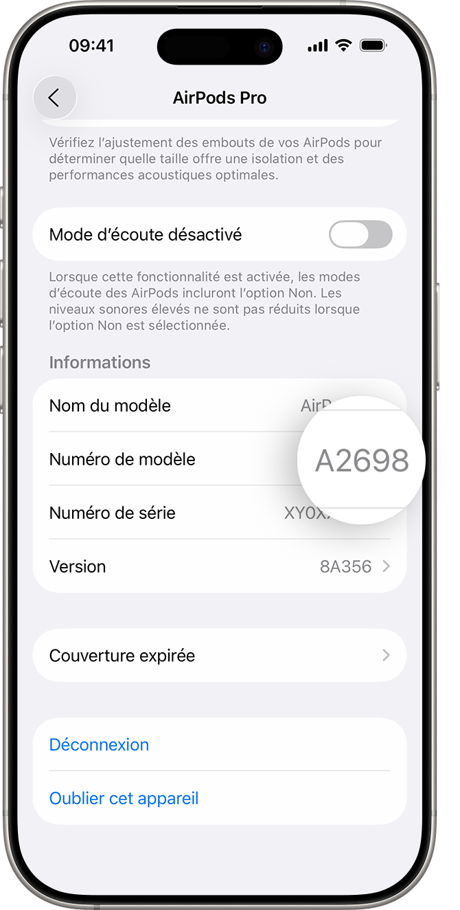 Le numéro de modèle des AirPods Pro est indiqué dans Réglages sur iPhone.