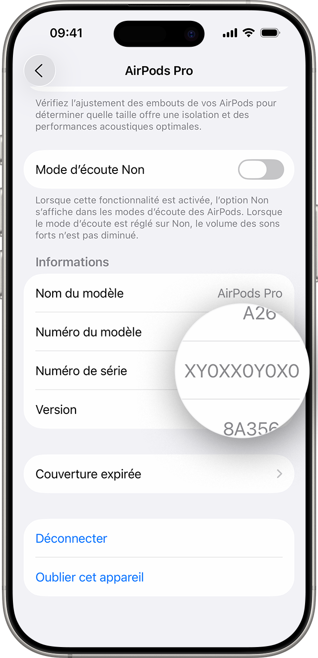 Numéro de série d’AirPods Pro indiqué dans Réglages sur un iPhone.