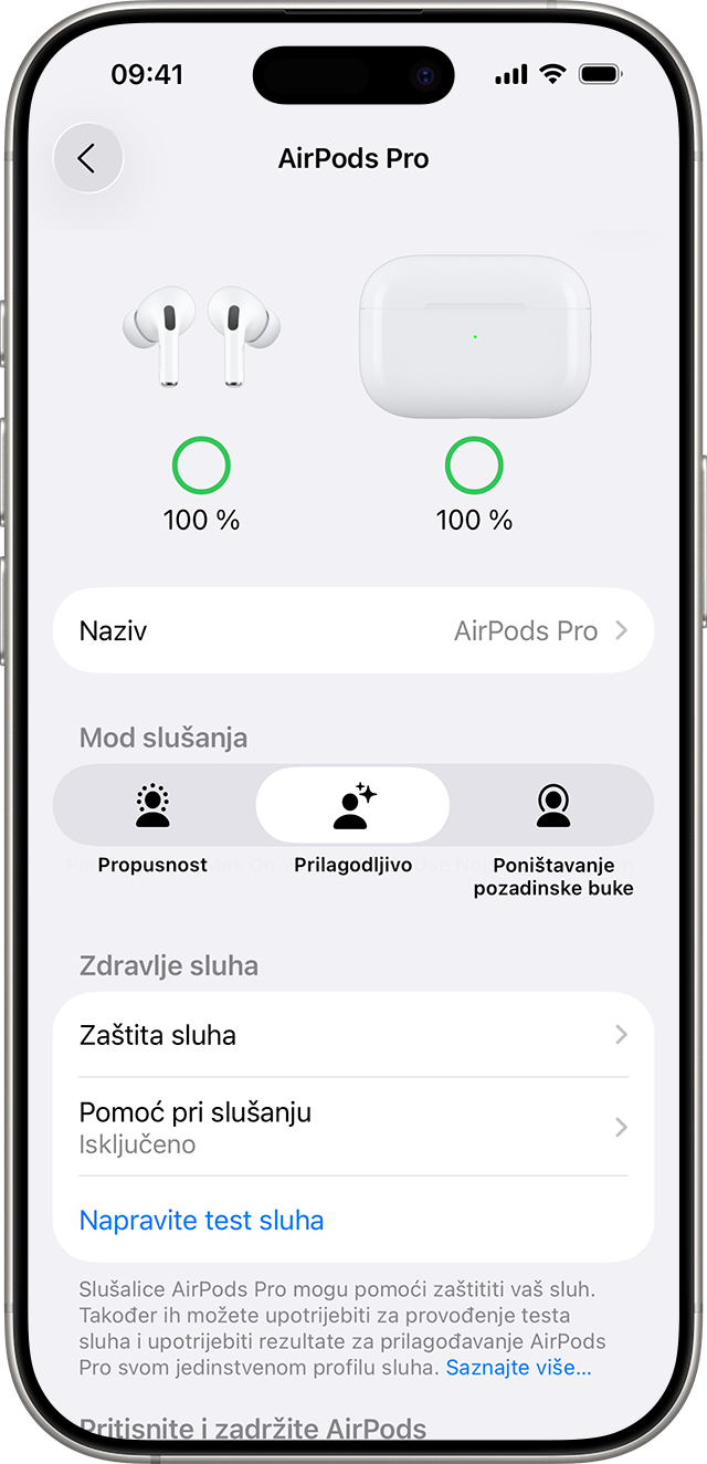 Postavke za AirPods Pro slušalice na iPhone uređaju. Opcije za zdravlje sluha, uključujući gumb za početak testiranja sluha, navedene su nakon opcija za način slušanja.