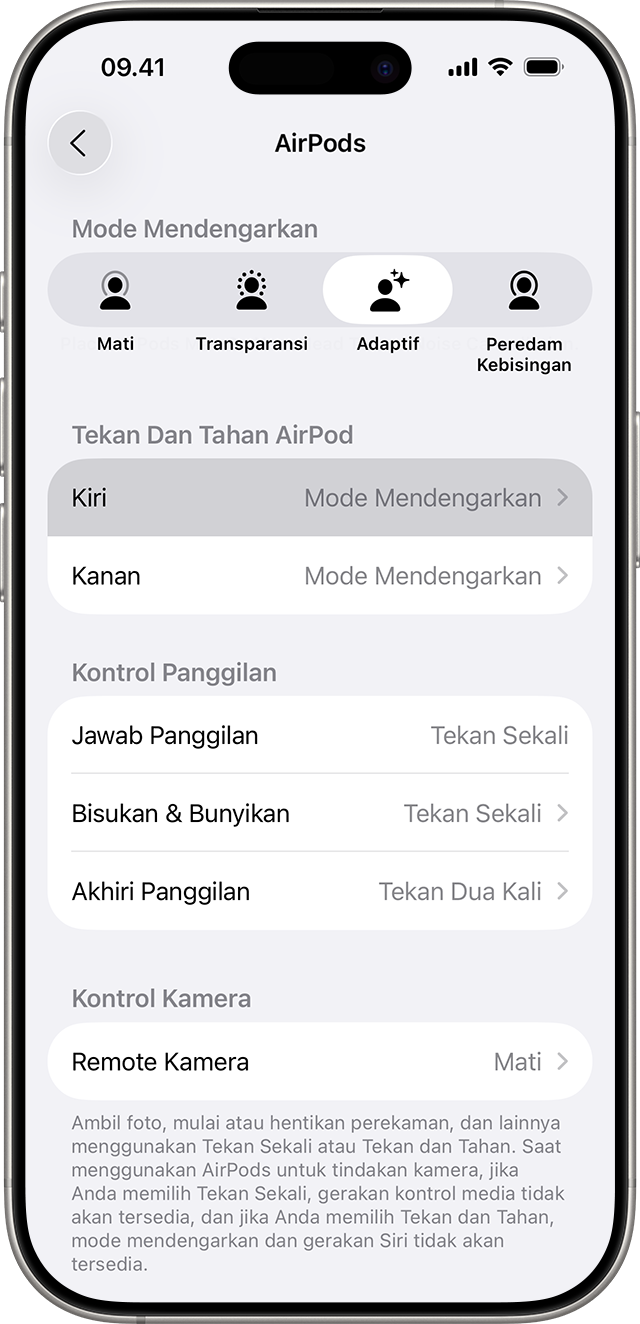 Pengaturan AirPods Pro di iPhone dengan tindakan tekan dan tahan diatur ke Mode Mendengarkan untuk AirPods kiri dan kanan.
