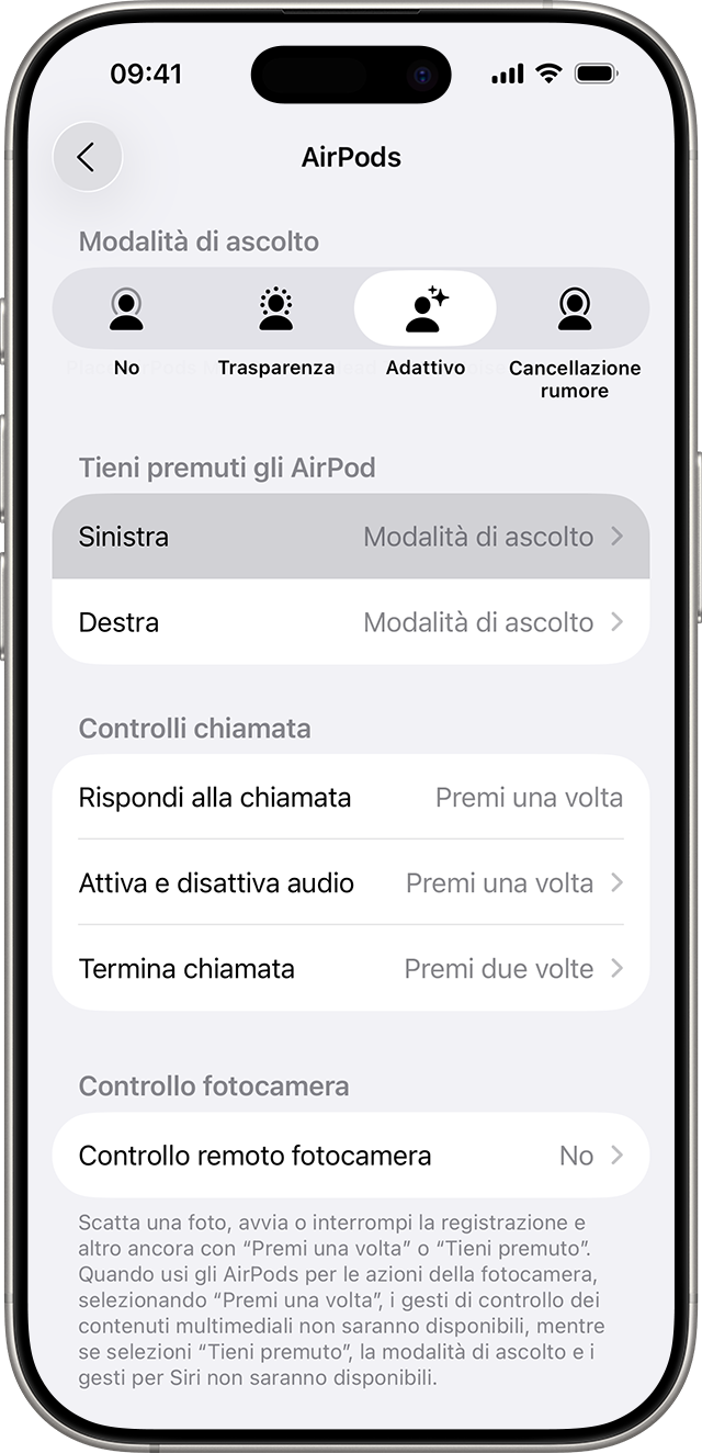 Impostazioni degli AirPods Pro su iPhone con l'azione che viene eseguita tenendo premuto il sensore di pressione impostata su Modalità ascolto sia per l'AirPod sinistro che per quello destro.