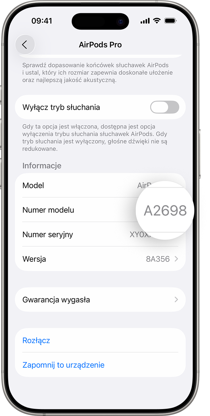Numer modelu słuchawek AirPods Pro wyświetlany w Ustawieniach na iPhonie.