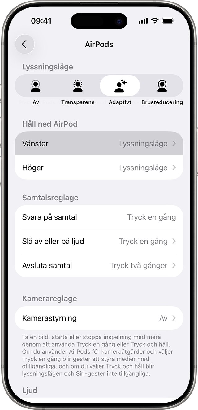 AirPods Pro-inställningar på iPhone med tryck-och-håll-ned-åtgärden inställd på lyssningsläge för både vänster och höger AirPods.