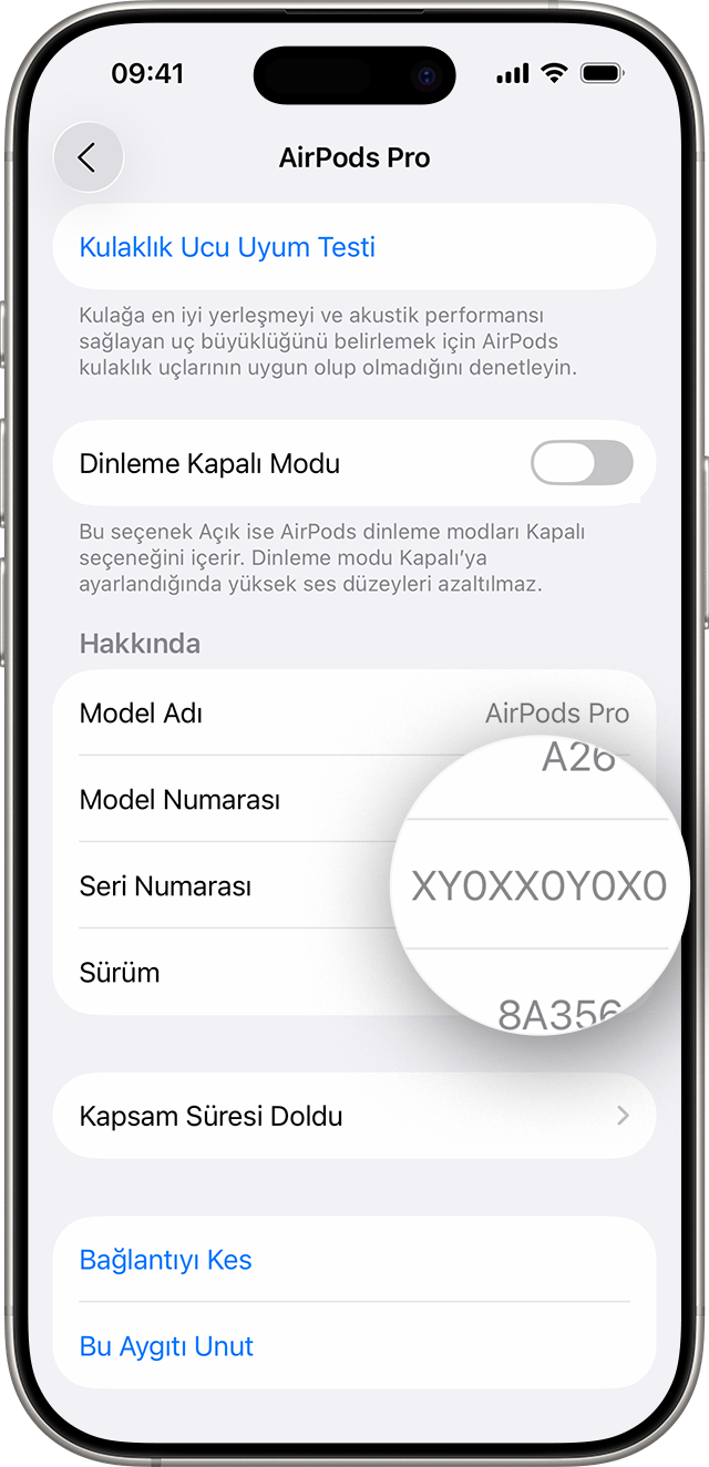 iPhone'da Ayarlar bölümünde listelenen AirPods Pro seri numarası.