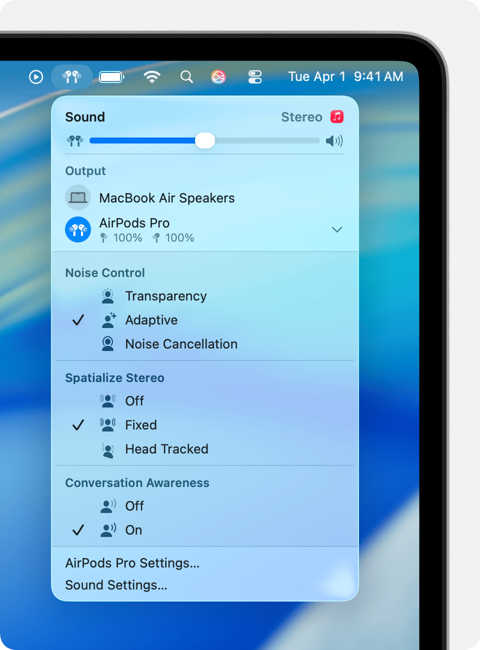 Sound menu in the menu bar on Mac. The available Noise Control modes are listed when AirPods Pro or AirPods Max are selected as the audio output device.