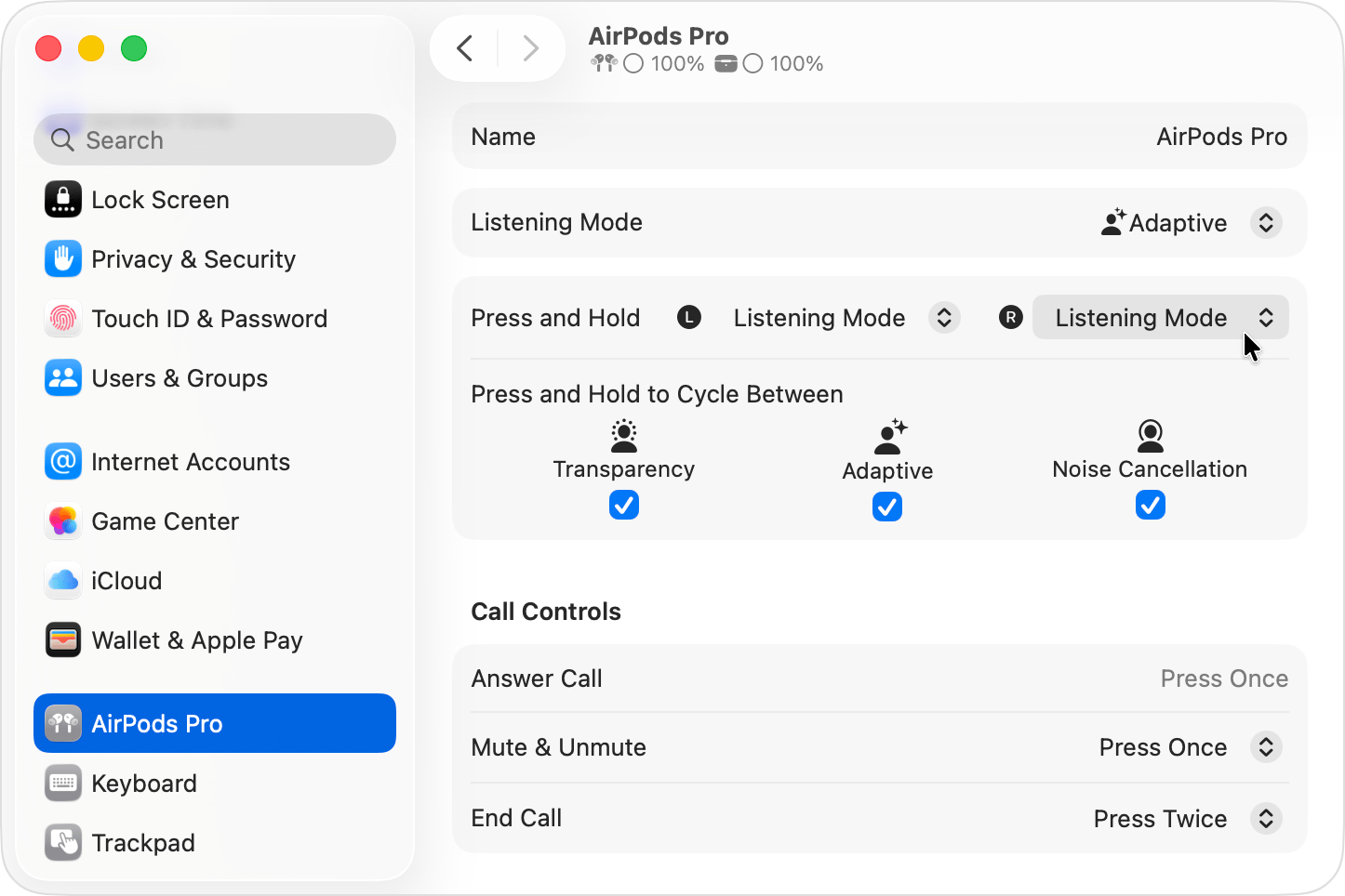AirPods Pro settings in System Settings on Mac.