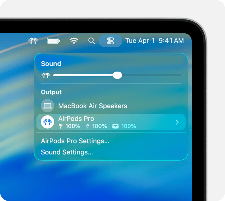 Battery levels of AirPods Pro and charging case in Control Center on Mac.