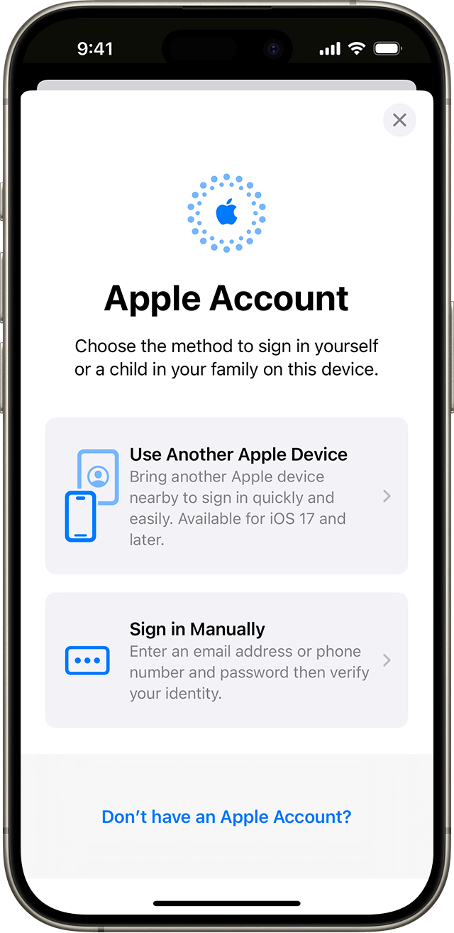 In iPhone settings, you can manually sign in with your Apple Account or use another Apple device.