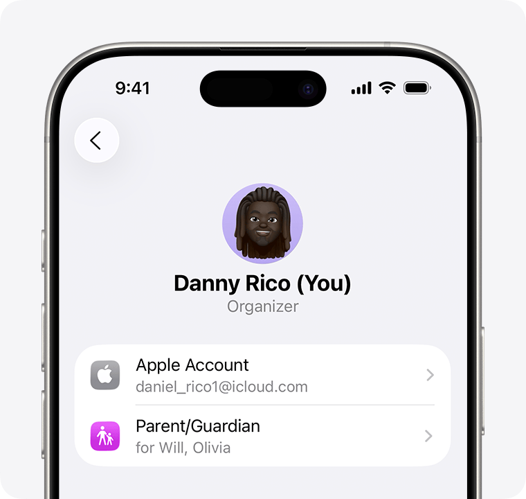 iPhone screen showing an Apple Account for a family organizer.
