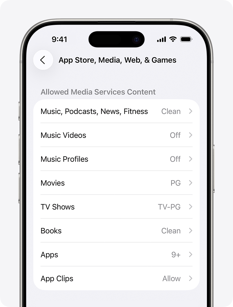iPhone screen showing parental controls options for Media Services Content.