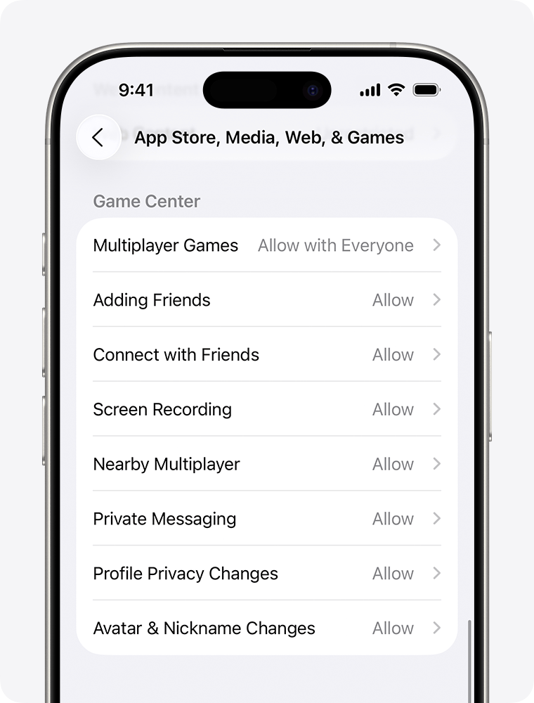iPhone screen showing parental controls options for restricting Game Center features.