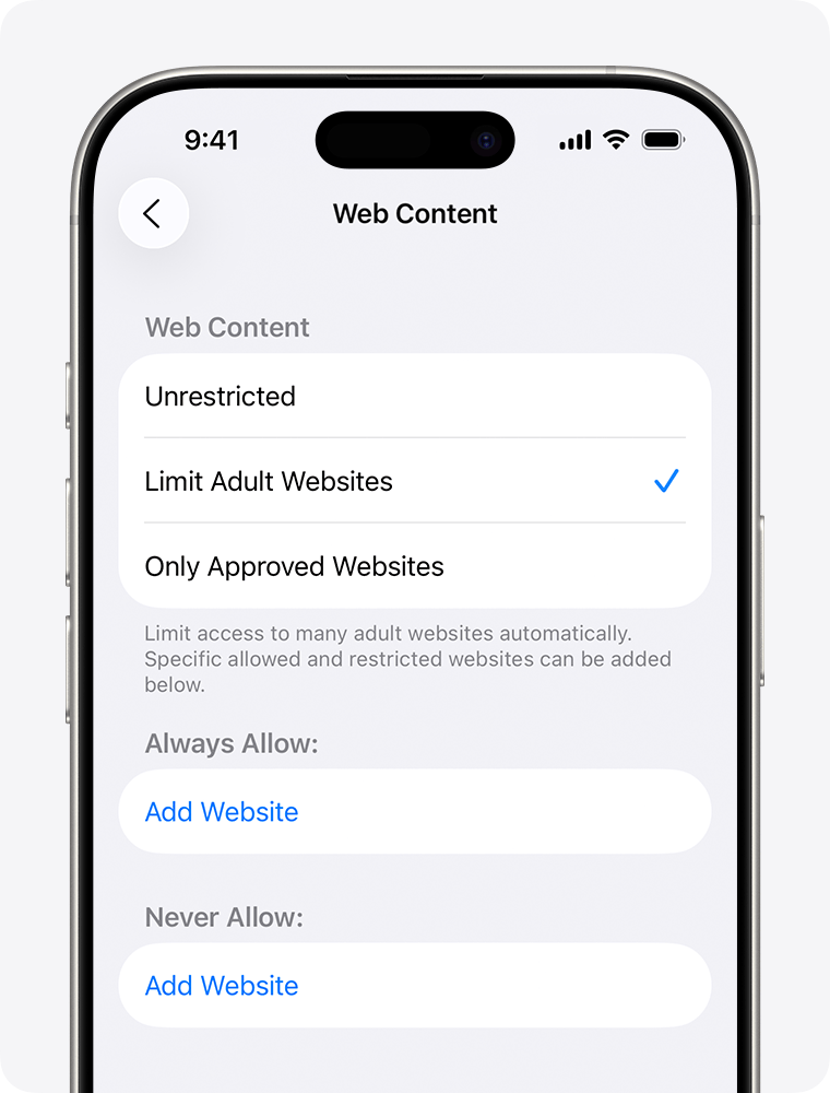 iPhone screen showing parental controls options for restricting Web Content.