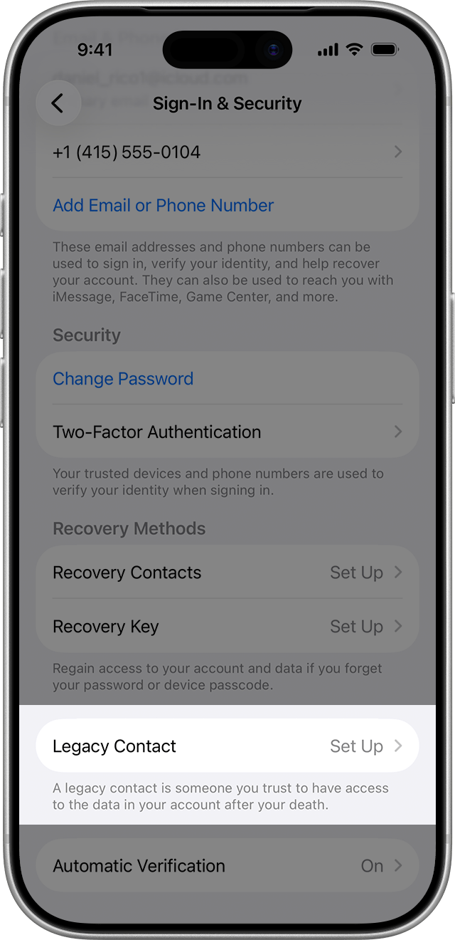iPhone showing how to add a Legacy Contact.