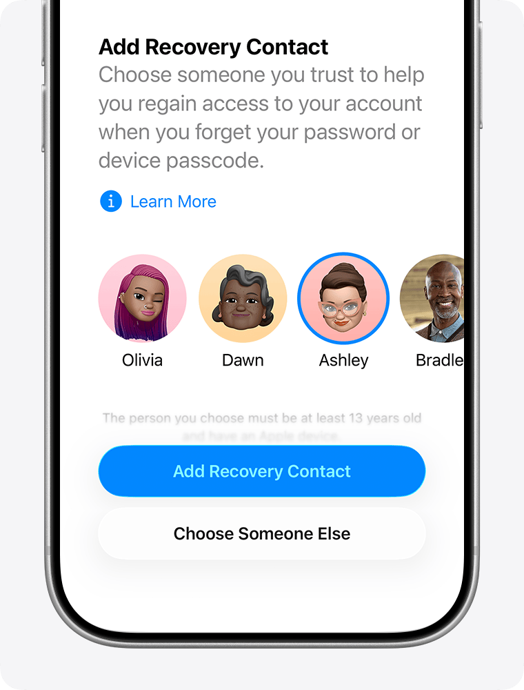 iPhone showing contacts you can add as a Recovery Contact