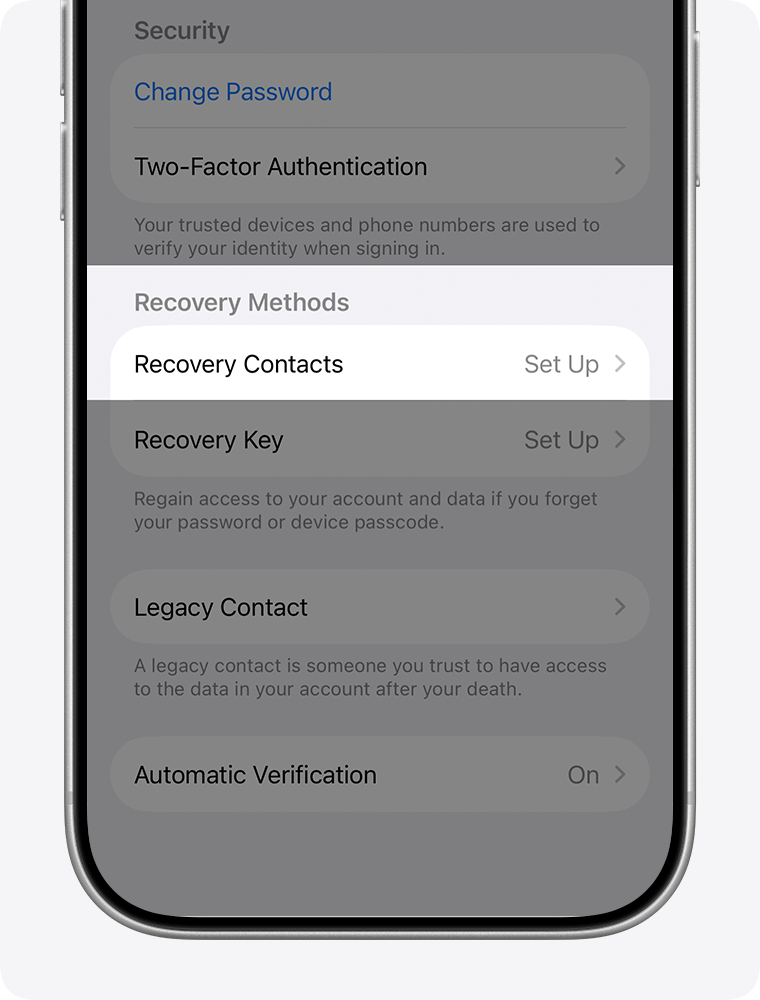iPhone showing Apple Account settings and how to add a Recovery Contact